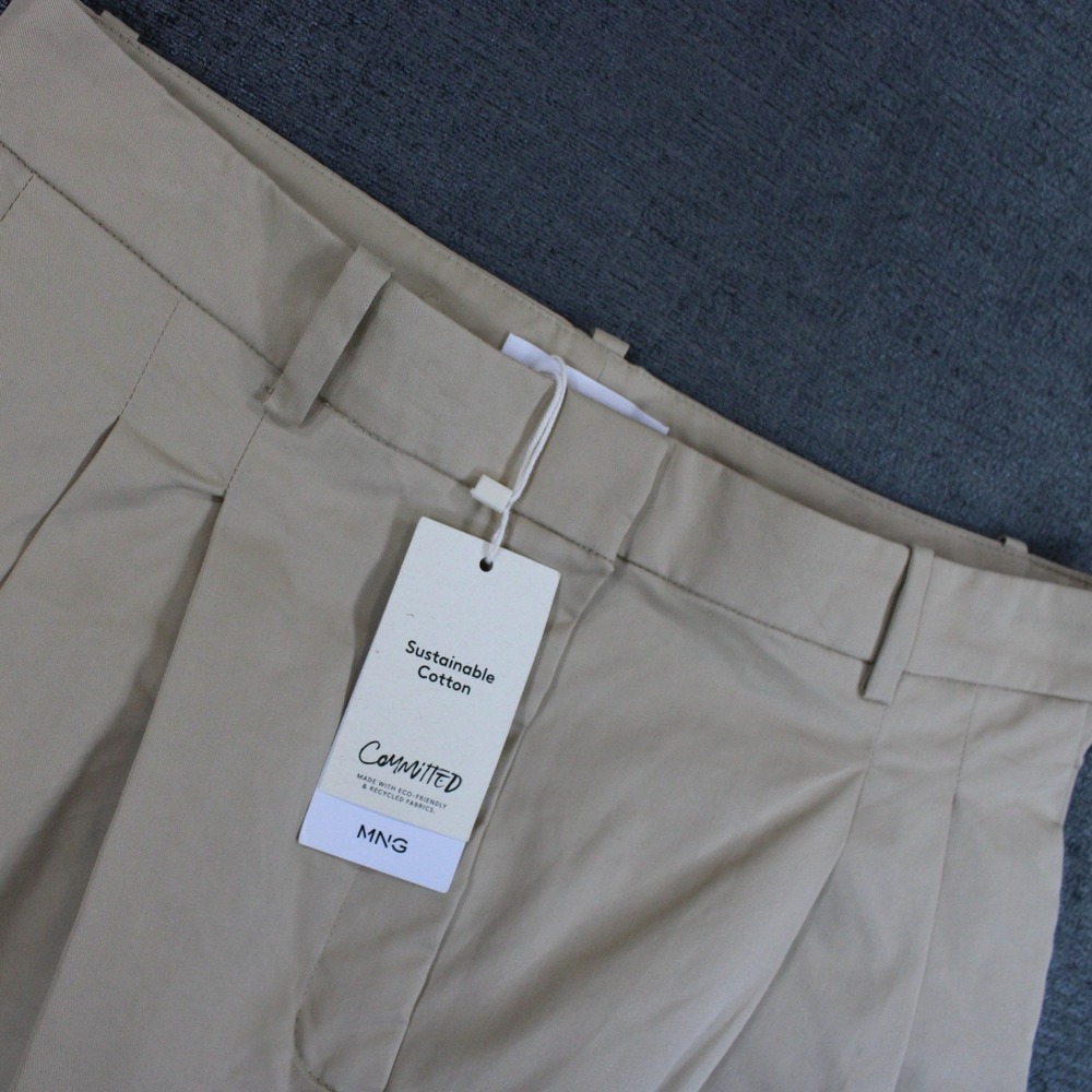 Mango MNG Committed Pleated Trousers Beige Tan Sustainable Cotton Pants Size 10